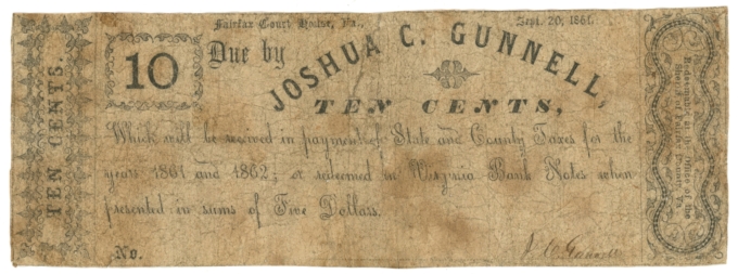 1861 Joshua C Gunnell Fairfax Court House Virginia VA 10c Obsolete Scrip (64748)