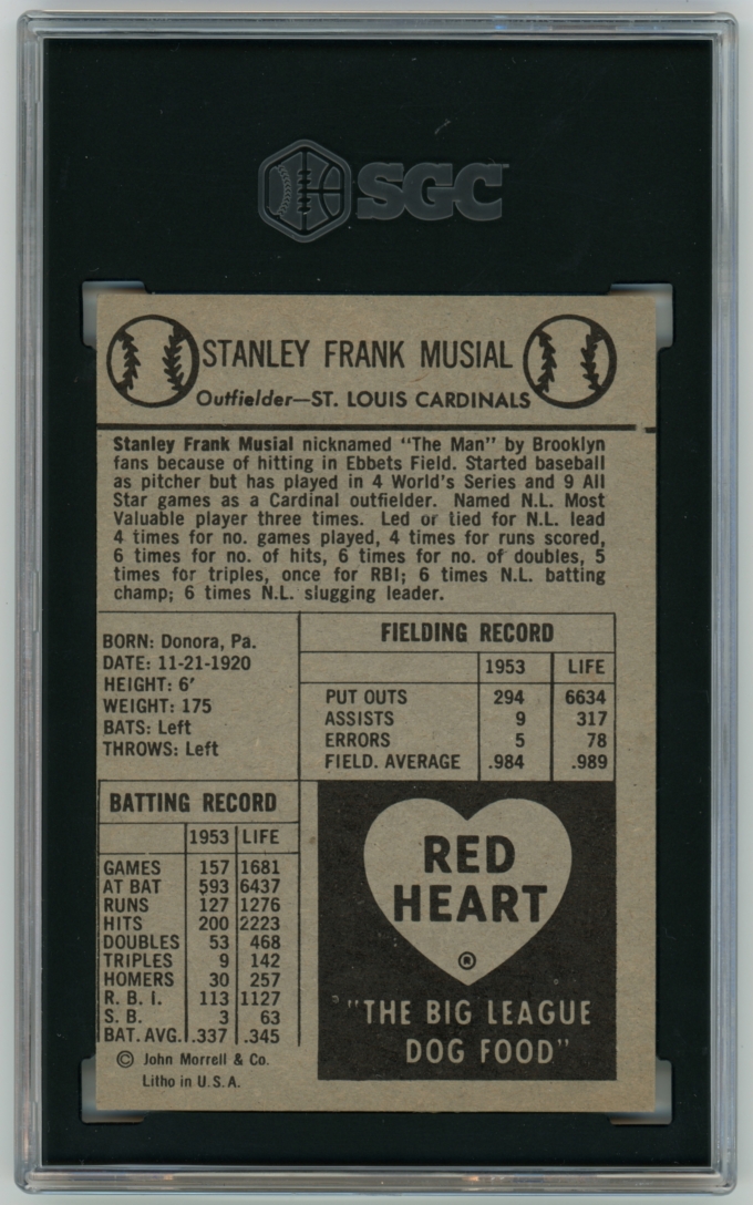 1954 Red Heart Dog Food Stan Musial St. Louis Cardinals HOF SGC 5 EX (64761)