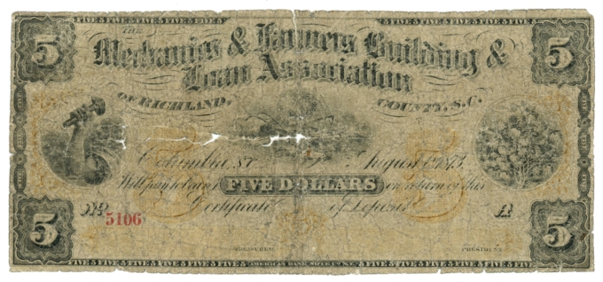 1873 Mechanics & Farmers Building & Loan Association Columbia SC $5 Note 64764
