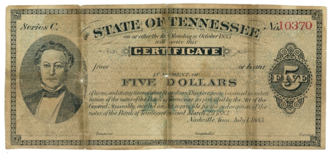 1883 State of Tennessee Nashville TN $5 Obsolete CR-27 Series C - RARE 64765