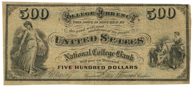 ND National College Bank $500 College Currency HJ Toudy & Co. Litho Philadelphia