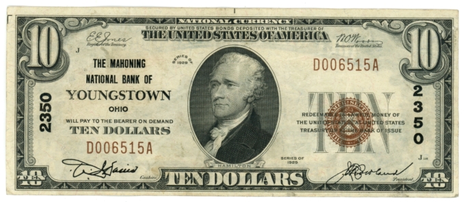 1929 T1 Mahoning National Bank of Youngstown Ohio $10 NBN Ch#2350 (64687)
