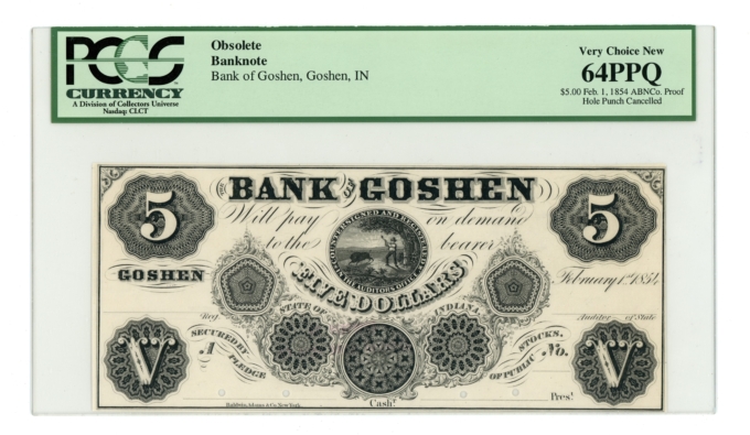 1854 Bank of Goshen Indiana IN $5 Proof Note PCGS UNC 64PPQ (64789)