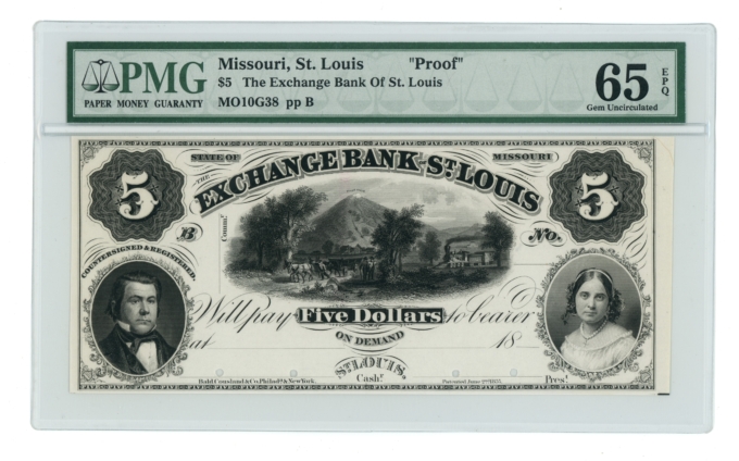 18XX Exchange Bank of St Louis Missouri MO $5 Proof Note PMG UNC 65EPQ (64791)