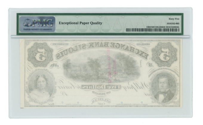18XX Exchange Bank of St Louis Missouri MO $5 Proof Note PMG UNC 65EPQ (64791)