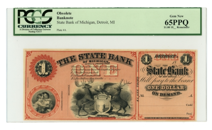18XX State Bank of Michigan Detroit MI $1 Obsolete Note PCGS UNC 65PPQ (64793)