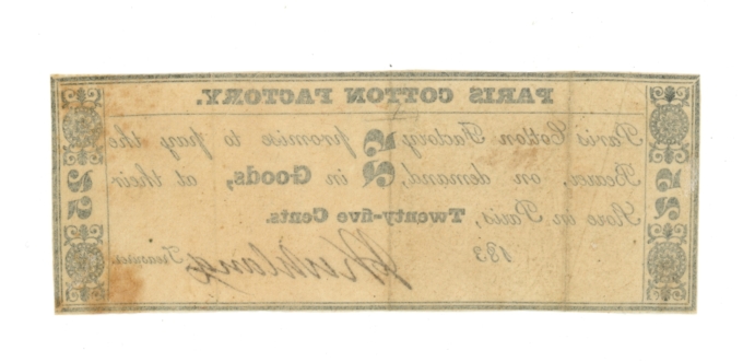 183X Paris Cotton Factory Paris New York NY 25c Obsolete Scrip RARE (64794)