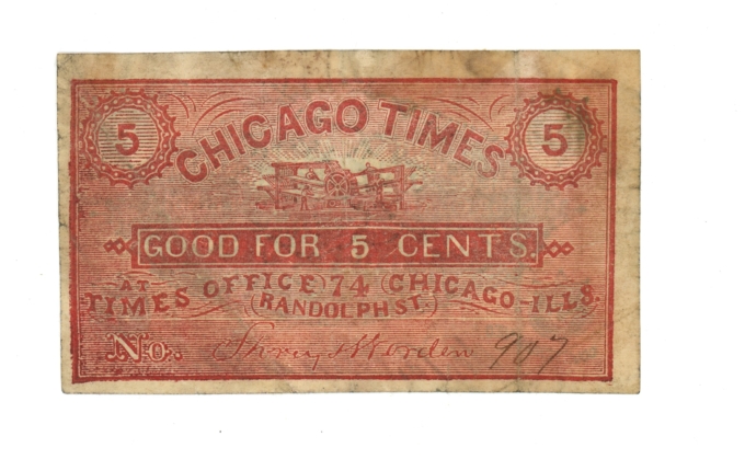 ND (ca. 1860s) Chicago Times Chicago Illinois IL 5c Obsolete Scrip RARE (64795)