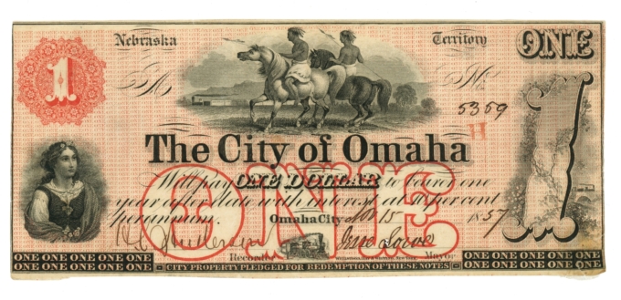 1857 City of Omaha Nebraska Territory NE $1 Obsolete Note (64796)