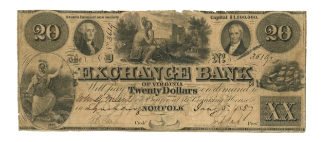 1857 Exchange Bank of Virginia Lynchburg VA $20 Obsolete VA145-G58a (64797)