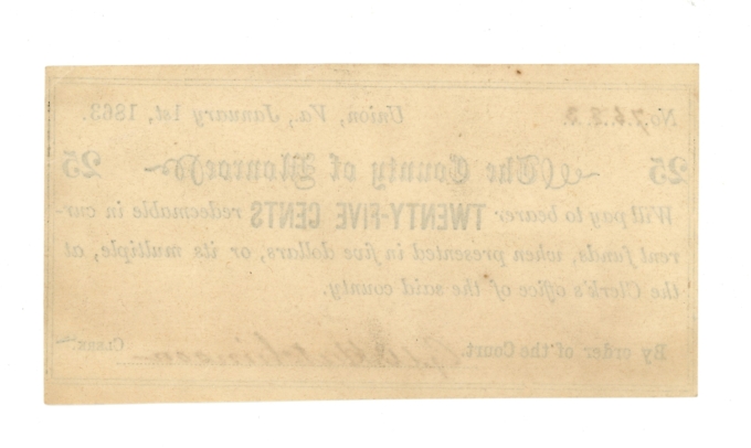 1863 County of Monroe Union West Virginia 25c Obsolete - Civil War Era (64807)