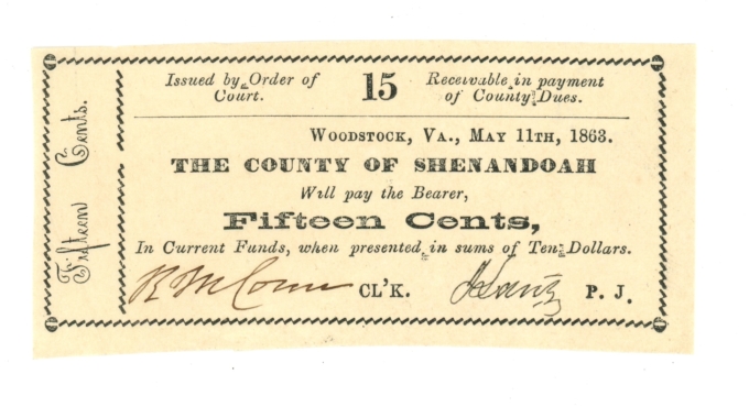 1863 County of Shenandoah Woodstock Virginia 15c Obsolete - Civil War Era 64808