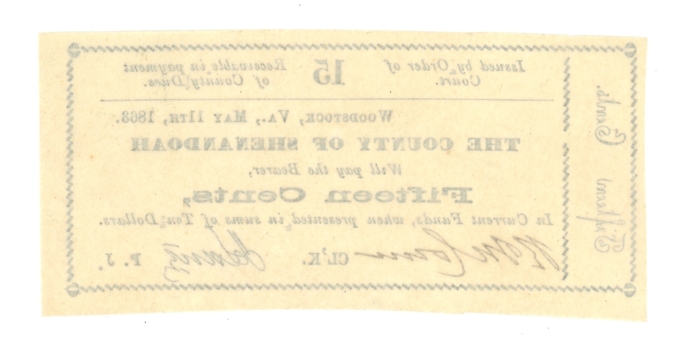 1863 County of Shenandoah Woodstock Virginia 15c Obsolete - Civil War Era 64808