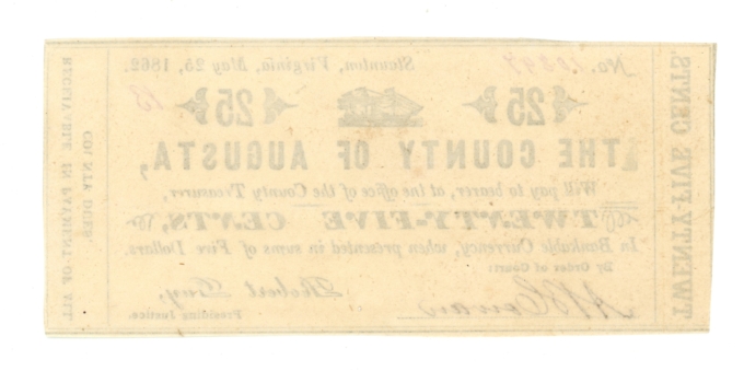 1862 County of Augusta Staunton Virginia VA 25c Obsolete - Civil War Era (64809)