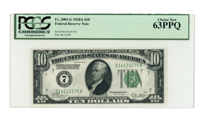 1928A $10 Federal Reserve Note PCGS 63PPQ (A0091)