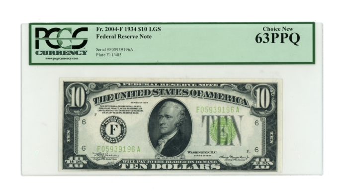 1934 $10 LGS Federal Reserve Note PCGS 63PPQ (A0092)