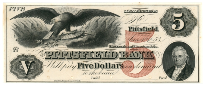 1853 Pittsfield Bank Massachusetts $5 MA Mounted on Card (A0097)