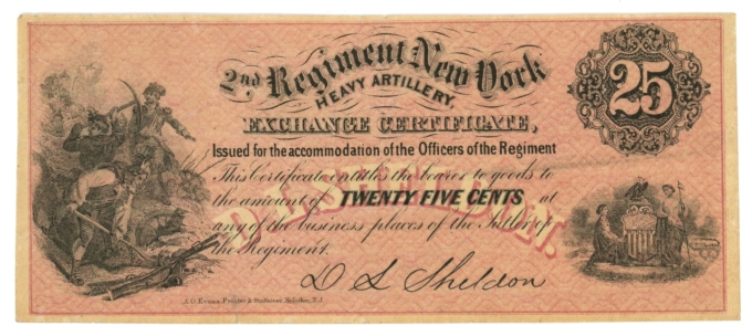 ND 2nd Regiment New York Heavy Artillery exch. cert. 25 Cents NY (L6042)