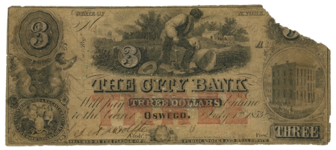 1833 City Bank Oswego New York $3 NY (L6056)
