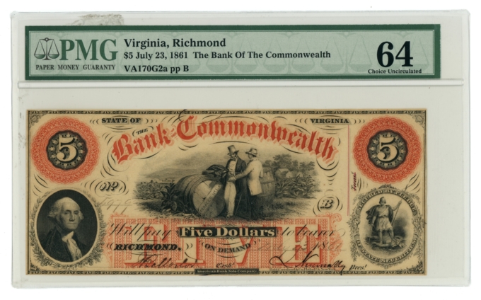 1861 $5 Bank of the Commonwealth Richmond VA PMG 64 (L6063)