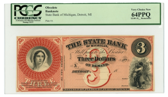 18__ State Bank of Michigan $3 MI PCGS 64PPQ (L6064)
