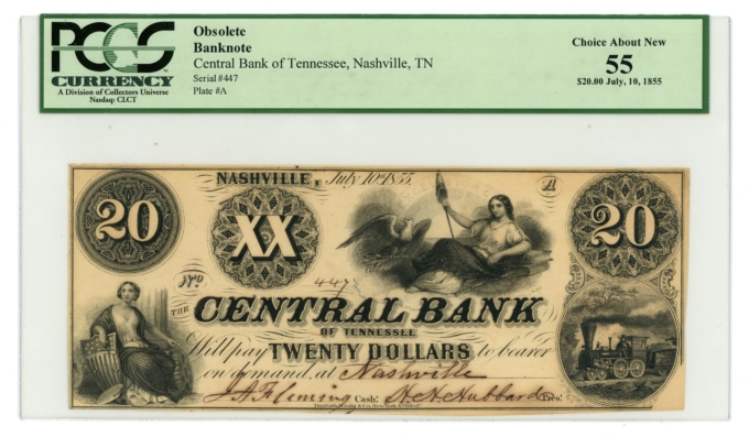 1855 $20 Central Bank of Tennessee Nashville TN PCGS 55 (L6065)