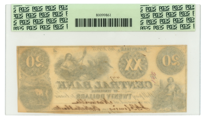 1855 $20 Central Bank of Tennessee Nashville TN PCGS 55 (L6065)