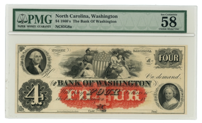 1860s $4 Bank of Washington North Carolina PMG 58EPQ (L6066)