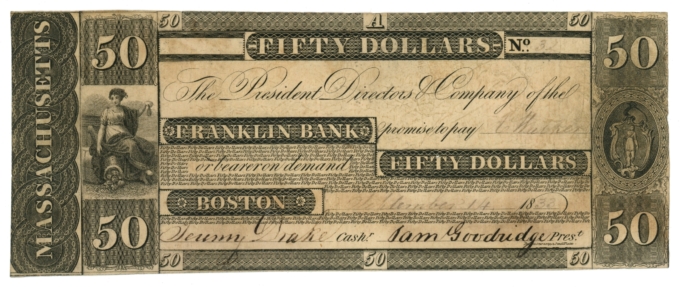 1833 Franklin Bank $50 Boston Massachusetts MA (L6076)