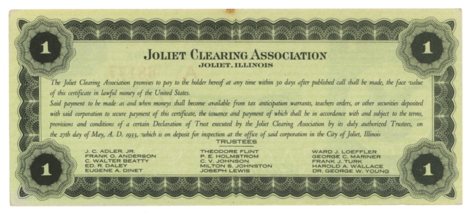 1933 Joliet Clearing Association Illinois IL $1 Depression Scrip (L6078)