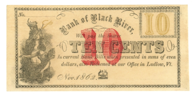 1862 Bank of Black River Ludlow Vermont VT 10c Obsolete Scrip (L6080)