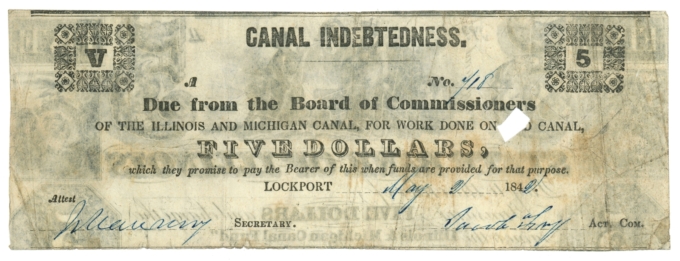 1842 Illinois & Michigan Canal Lockport IL $5 Note - Canal Indebtedness (L6083)