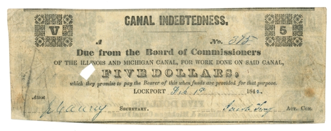 1842 Illinois & Michigan Canal Lockport IL $5 Note - Canal Indebtedness (L6084)
