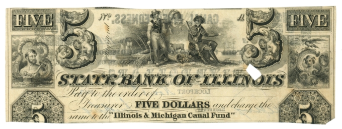 1842 Illinois & Michigan Canal Lockport IL $5 Note - Canal Indebtedness (L6085)