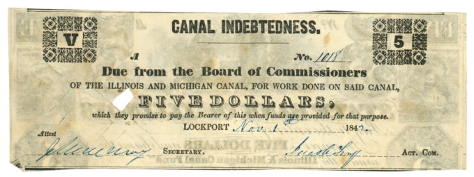 1842 Illinois & Michigan Canal Lockport IL $5 Note - Canal Indebtedness (L6085)