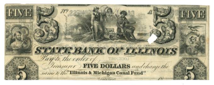 1842 Illinois & Michigan Canal Lockport IL $5 Note - Canal Indebtedness (L6087)