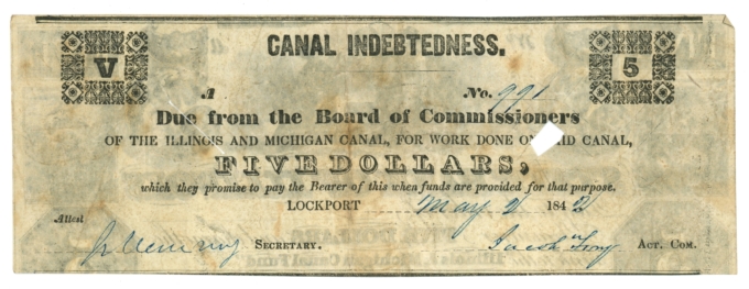 1842 Illinois & Michigan Canal Lockport IL $5 Note - Canal Indebtedness (L6087)