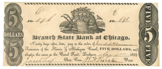 1839 Branch State Bank at Chicago Illinois IL $5 Obsolete - IL & MI Canal L6089