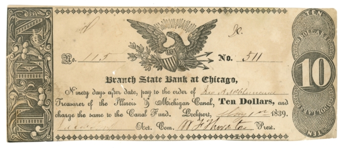 1839 Branch State Bank at Chicago Illinois IL $10 Obsolete – IL & MI Canal L6090