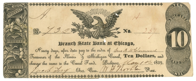 1839 Branch State Bank at Chicago Illinois IL $10 Obsolete – IL & MI Canal L6091