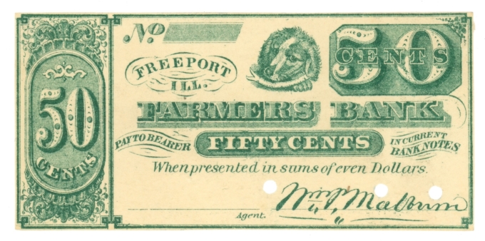 ND William P Malburn @ Farmers Bank Freeport Illinois IL 50c Scrip UNL (L6093)