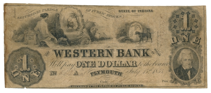 1853 Western Bank Plymouth Indiana IN $1 Obsolete Note (L6094)