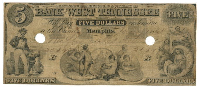 1861 Bank of West Tennessee $5 Memphis TN Coin Note (L6096)