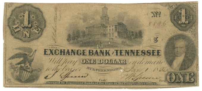 1856 Exchange Bank of Tennessee $1 Murfreesboro TN (L6102)
