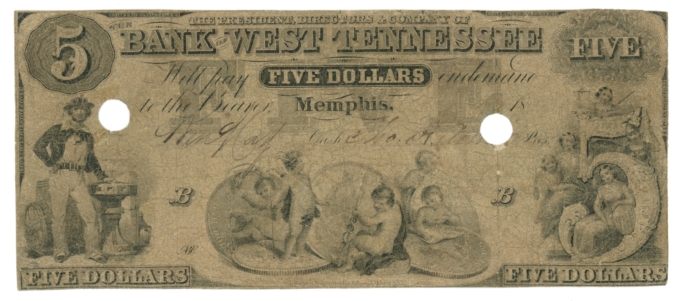 18XX Bank of West Tennessee $5 Memphis TN Coin Note (L6106)