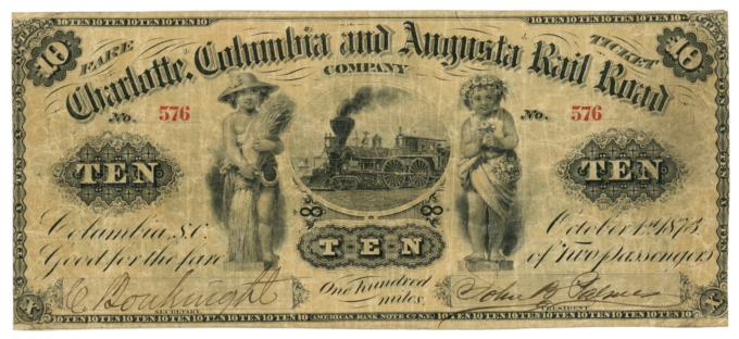 1873 Charlotte Columbia & Augusta RR Co. $10 SC (L6111)