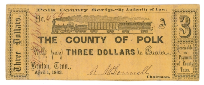 1863 County of Polk Benton Tennessee $3 TN (L6116)