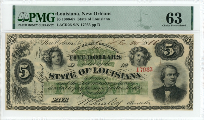 1866 State of Louisiana New Orleans LA $5 Obsolete Note PMG UNC 63 CR-25 (64769)
