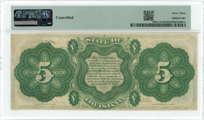 1866 State of Louisiana New Orleans LA $5 Obsolete Note PMG UNC 63 CR-25 (64769)