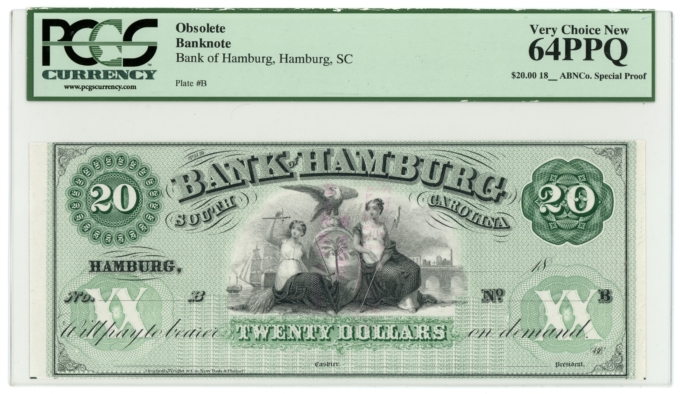18XX Bank of Hamburg South Carolina SC $20 Proof Note PCGS UNC 64PPQ (64770)